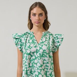 Green Floral Ruffle Sleeve Blouse